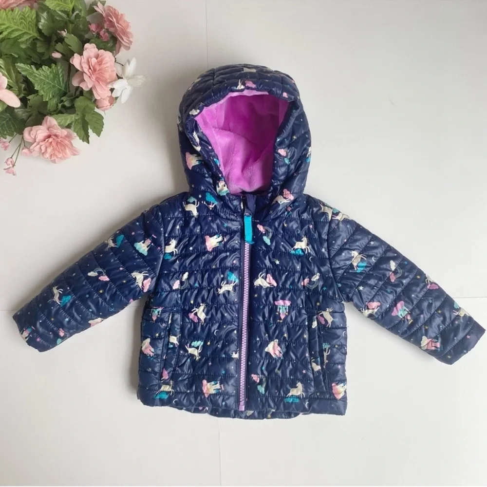 Cat & Jack Blue Unicorn Infant/Baby Girl's Midweight Puffer Hooded Jacket